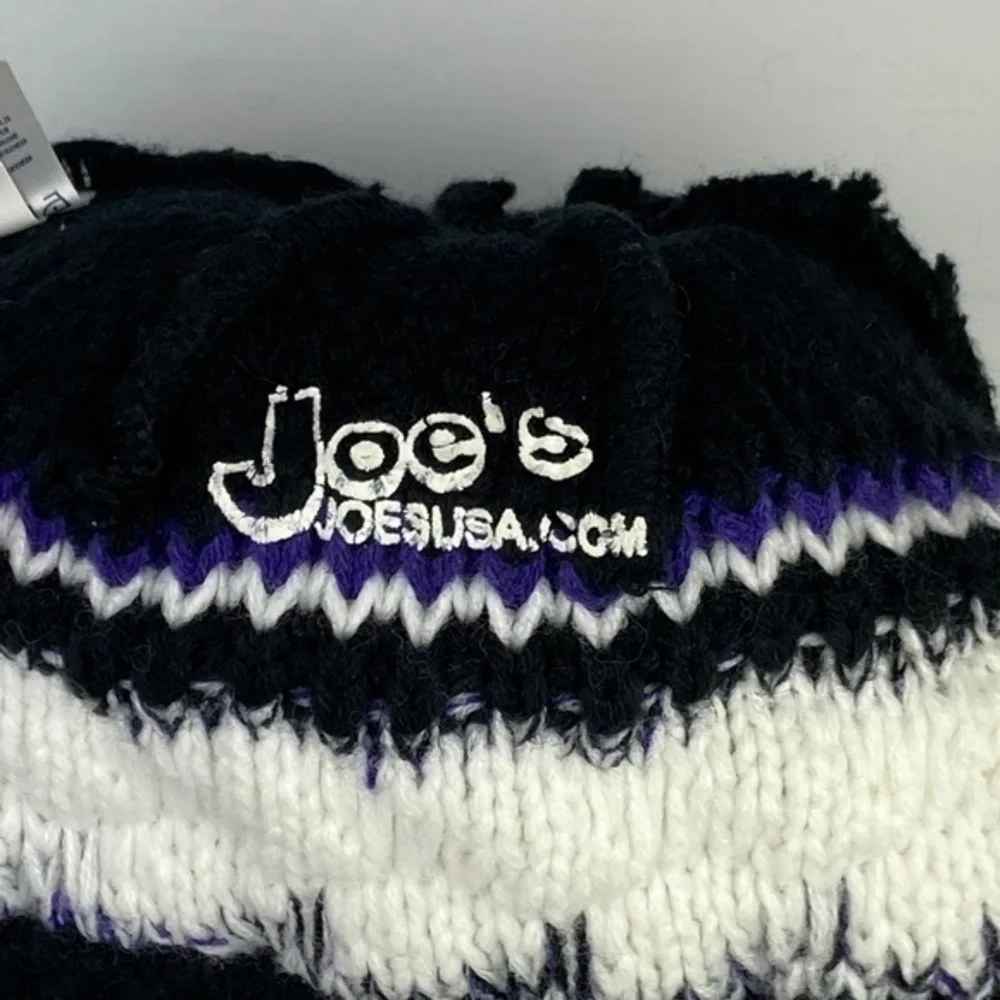 Joes Winter Hat Striped Knit Purple Black White Pom Pom Beanie Winter Hat